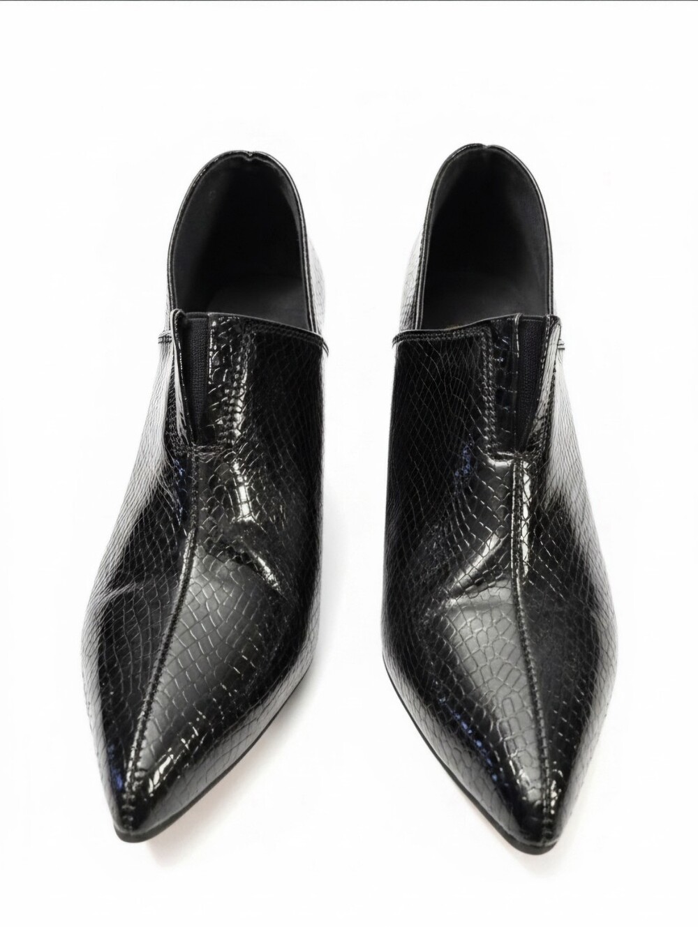 Black Snake Skin Patent Leather Pointed Toe Ankle Boots Slip On